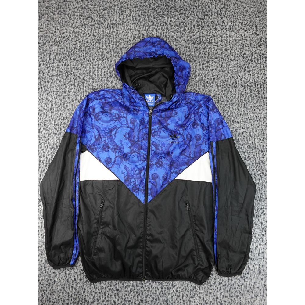 Adidas Windbreaker Jacket Mens Medium Blue Black Graphic Print M69128 Hooded